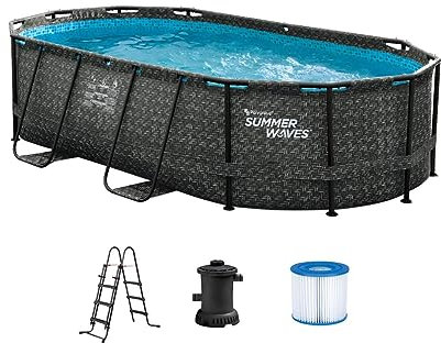 Vente-unique - Piscina tubular ovalada gris oscuro con bomba filtrante con cartucho - Ancho 424 x Prof. 250 x Alt. 100 - SALAMANQUE