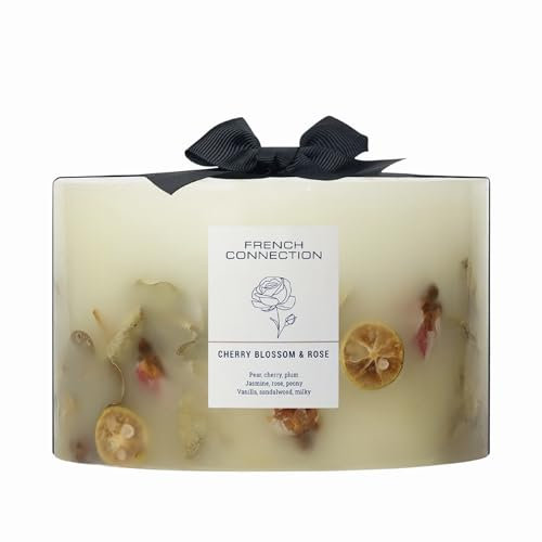 French Connection Cherry Blossom & Rose Scented Candle Botanical Pillar Candle | Aromatherapy Candles Gifts For Women & Men- (1.5KG/91hr) Burn Time | Long-Lasting Large 3 Wick Candle Housewarming Gift