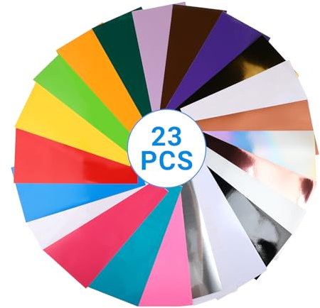 Strehknewen Vinilo Adhesivo Permanente Láser – 23 Piezas (20 Colores PET + 3 Transferencias), 30,5x14cm, Vinilo Autoadhesivo para Cricut, Silhouette, DIY Decoraciones, Resistente al Agua y UV