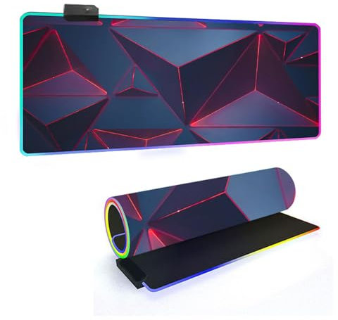 Mateju 3D Geometrie RGB Mousepad, rutschfeste Gummibasis Mauspad, Mousepad XXL/XL/l 14 Beleuchtungs Modi und 7 LED Farben, Gaming Mauspad mit Vernähte Kanten (Rot,800x300x4mm)