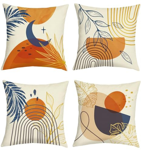 Joymaison Kissenbezüge 45x45 4er Set Boho Geometrische Abstrakte Blätter | Deko Kissenhülle Bunte Boho Linie Blätter Moderne Kunst für Geschenk Dekorative Kissenbezug Kissen für Couch Sofa