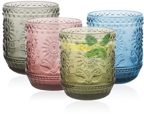 Topsky Juego de 4 vasos de cóctel de 360 ml, multicolor (1 rosa, 1 azul, 1 verde, 1 gris) para cócteles, vasos de zumo, aptos para lavavajillas y apilables, diseño moderno