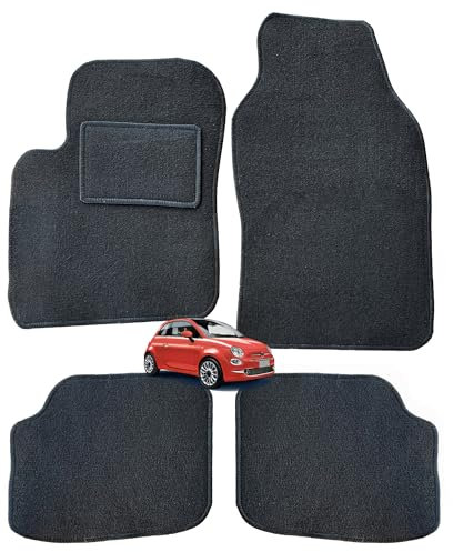 Rebeca Shop® Tappetini Auto nero compatibili per 500 dal 2007 anche Hybrid/Kit di Tappeti in Moquette su Misura (Set 2 Anteriori + 2 Posteriori) Ricamo logo 500 (Senza Logo)