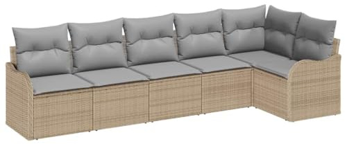 vidaXL 6-teiliges Gartensofa-Set mit Kissen in Beige aus Poly-Rattan | Modulares, wetterfestes Outdoor-Sitzmöbel mit verstellbaren Füßen, perfekt für Balkon und Terrasse, Bequeme Sitzgelegenheit