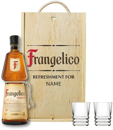 Personalised Frangelico with Shot Glasses Gift Set – 20% ABV – Hazelnut Liqueur Present for Men or Women – Alcohol Gift with Engraved Wooden Box – Italian Spirits Gift Set for Birthday or Christmas