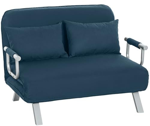 HOMCOM 2 Seater Sofa Bed, Click Clack Convertible Bed Settee, Modern Velvet Feel Fabric Sofa with 2 Cushions for Living Room, Bedroom, Guest Room, Navy Blue