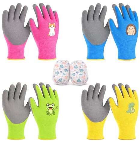 FZSECRIU 4 Paar Gartenhandschuhe Kinder，1 Paar Antifouling Armabdeckung，Kinder Arbeitshandschuhe mit Latexbeschichtung, Rutschfeste Gartenhandschuhe aus Latex, Geeignet für Jungen und Mädchen
