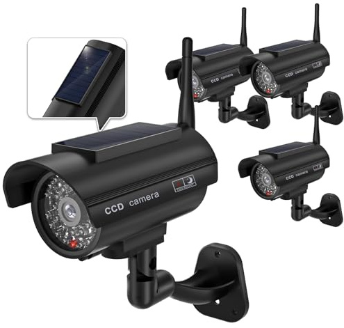 WALI Solar Powered Fake Security Camera, Red Light & Antenna, 2 Pack, Black