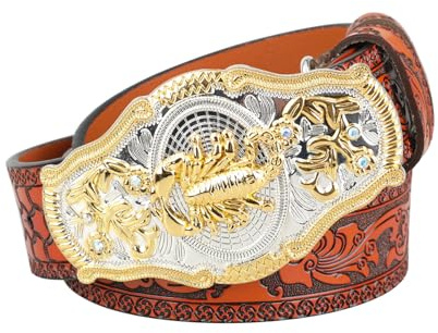 JIARY Western Ledergürtel Für Herren Damen Cowboy Cowgirl Herren Gürtel Graviert Geprägter Taillegürtel Mit Abnehmbare Schnalle Für Jeans Hosen Rodeo, Country Style,Orange,125CM/49.2''