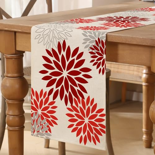 Tischläufer Blumen Rot Dahlien Weihnachten Tischläufer Boho Table Runner Küchentisch Dekoration Tischdecke für Hochzeit Couchtisch Drinnen Urlaub Café Garten Party Dekor 40x180 cm