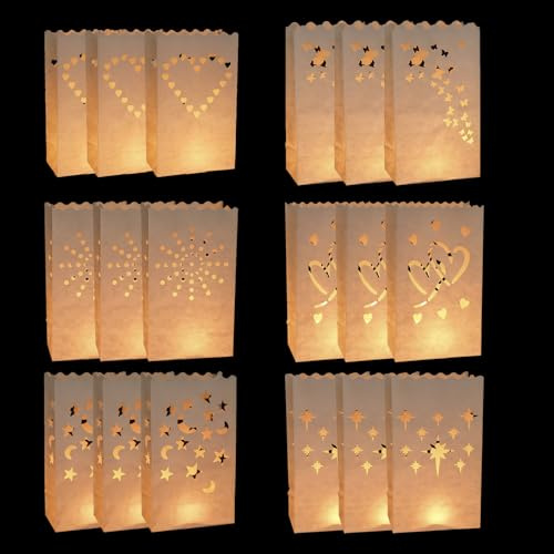 18 Pcs Flame-Resistant Candle Bags, Paper Lanterns, 6 Cut-Out Designs