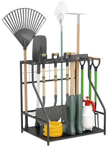 Outsunny Garden Tool Storage Rack 3-Tier with 11 Hooks Holds up to 20 Tools | Garden Tool Rack, for Long-Handled Broom Shovel Rake, Heavy-Duty Shed Organiser, Garage Outdoor