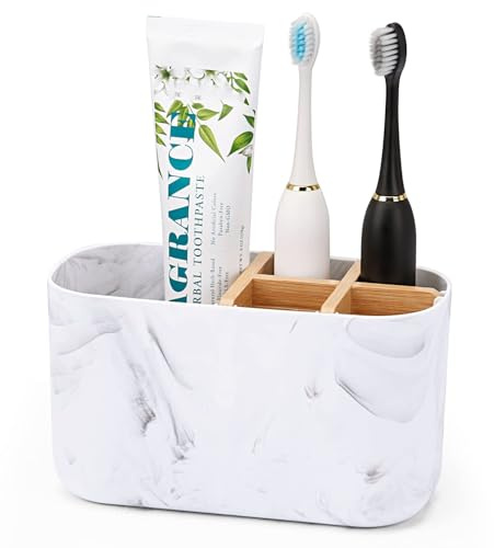 Xygobla Bamboo Toothbrush Holder for Bathroom | 5 Slot Electric Toothbrush and Toothpaste Storage Caddy, Detachable Organizer with Bamboo Divider