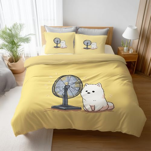 Generisch Weiche Winterbettwäsche Set 2tlg 140 x 200 cm + 1 * 80 x 80 cm – Atmungsaktiv, Warm & Hautfreundlich Bettwäsche Cremig Gelb – Cartoon Süß Hund Ventilator Bettbezug für Kinder Erwachsene