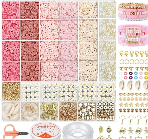 LYMOOR 4700+ Pcs Clay Beads Bracelet Making Kit, Rose Pink Polymer Clay Beads with Letter Beads, Shell Pendants & Earring Findings, DIY Bracelet Necklace Earring Set for Teen Girls