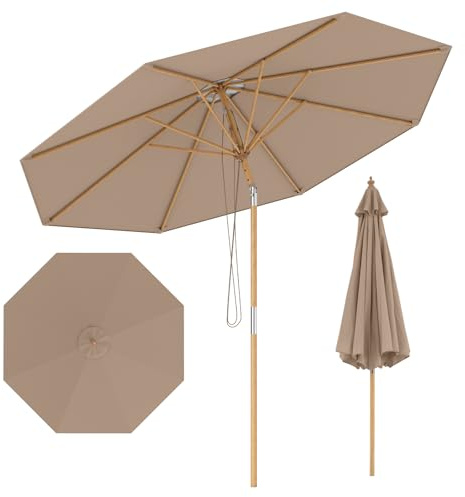 KOMFOTTEU 2,7M Parasol Jardin Droit inclinable, Mât Bambou | Toile Polyester, Anti-UV, Parasol Rond, Hauteur réglable, Parasols d'extérieur, 8 Baleines, idéal pour Terrasse, Balcon