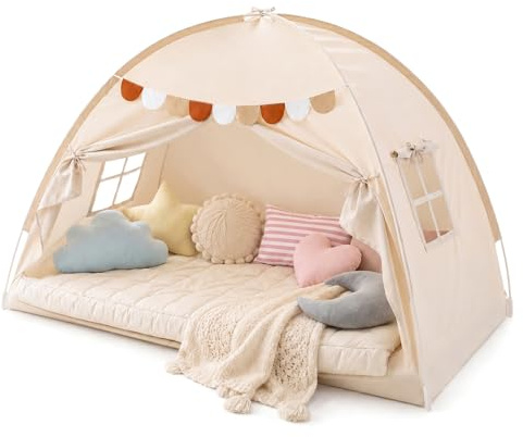 Indoor Bed Tent, Foldable Indoor Floor Playhouse with Decor Flags & Breathable Windows, Privacy Sleeping Canopy for Bedroom (Cream, 196 x 98 x 125 cm)