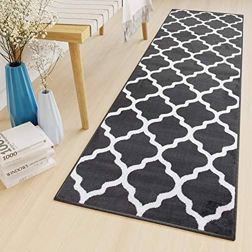 TAPISO Luxury Läufer Teppich Flur Korridor Kurzflor Brücke Modern Weiss Grau Geometrisch Marokkanisch Gitter Muster ÖKOTEX 70 x 160 cm