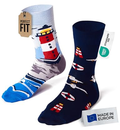 Many Mornings - Mismatched Socken - Lustige Socken Unisex - Leuchtturm Socken - Geschenkidee - Design: Nordic Lighthouse - Made in EU - 39-42