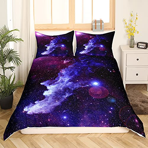 Loussiesd 3D Galaxy Bettwäsche-Set 200 x 200 cm Universe Starry Sky Print Bettbezug-Set Lila Blau für Kinder Jungen Mädchen Dekorative weiche Mikrofaser-Bettwäsche mit 2 Kissenbezug 80x80 cm