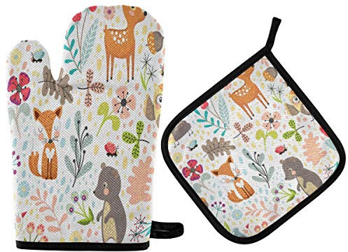 RXYY Niedlich Wald Tier Fuchs Hirsch EuleBlumen- Ofenhandschuhe Gesteppt Baumwolle Beschichtung Topflappen BBQ Handschuhe-Ofenhandschuhe Hitzebeständig Küche Sicher Matten für Backen Kochen