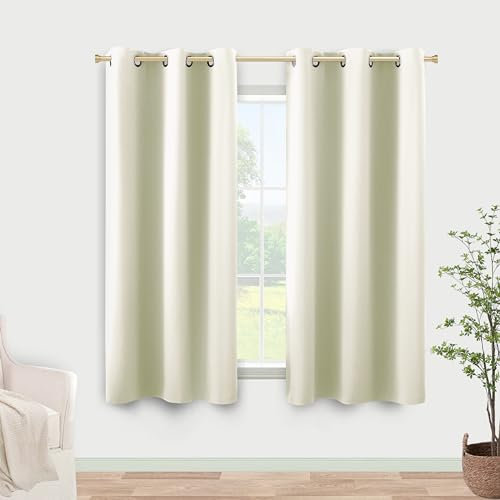 Cremeweiße Vorhänge 114.4 cm Länge für kleine Fenster, kurzes 2 Paneele, Set Raumverdunkelung, Verdunkelung, lichtblockierende Wärmeösen, Vorhang für Schlafzimmer, 86.4x114.4 cm, Elfenbein, Beige
