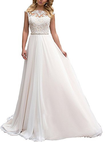 CLLA dress Damen Spitze Chiffon Hochzeitskleid Lang Elegant Brautkleid Abendkleider(Weiß,42)
