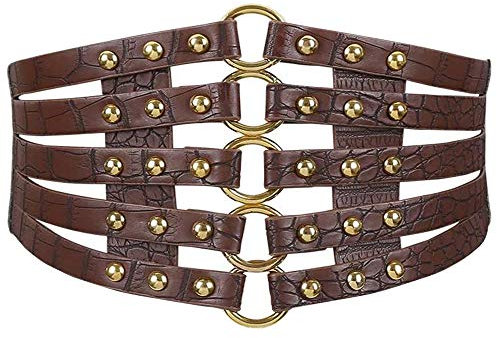 MEGAUK Damen Leder Gürtel Breit Nieten Gürtel Elastischer Taillen Gürtel Vintage Nietengürtel Hüftgürtel Bindegürtel Lolita Korsett mit Ring Schnalle Design (Braun), Einheitsgröße, yd-02633Z
