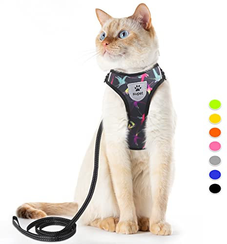 Supet Katzengeschirr und Leine Set Fluchtsicheres Kätzchengeschirr Verstellbares Katzenwestengeschirr mit Reflexstreifen Universelle Katzenleine und -Geschirr für Katzen/Welpen Schwarz S