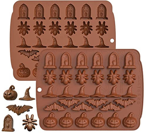 Keepaty Moule à chocolat d'Halloween – 1 pièce 30 cavités en silicone moule à fondant en forme de citrouille, chauve-souris, chapeau de sorcière, araignée, pierre tombale pour Halloween