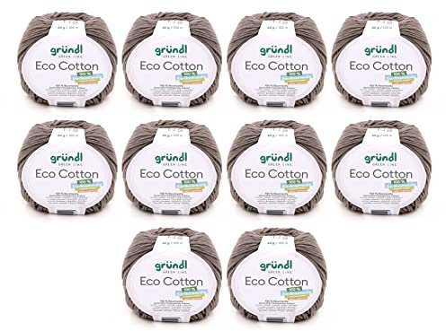 Gründl Wolle Eco Cotton - Wolle zum Häkeln - Wolle zum Stricken - Häkelgarn - Weich und hautfreundlich - 100% Bio-Baumwolle - 10 Knäuel 50 g / 105 m - Nadelstärke 3,5-4,5 - pastell schlamm