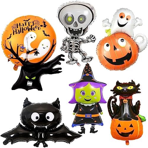 Halloween Deko Dekoration Halloween XXL Luftballons aus Aluminium für Helium oder Luft, mit Geister Fledermaus Skelett Katze Kürbisse und Hexe -6 Stk.