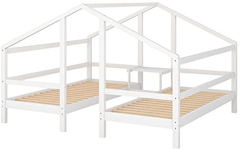 Hausbett 90X200,Hausbett FüR 2 Kinder,Vielseitiges Kinderbett FüR Jungen & MäDchen,Massivholz Kinder Bett Mit Rausfallschutz & Tisch & Lattenrost