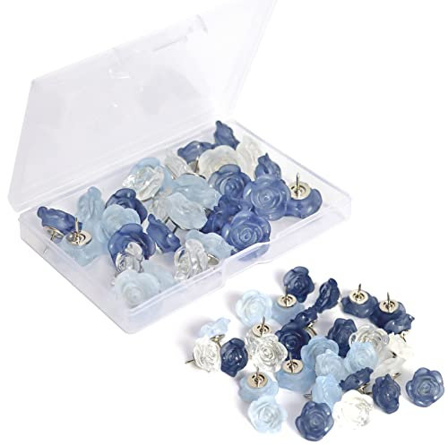 30 Stück Blumen-Pinnnadeln,Niedliche Rosen Dekorative Pinnnadeln für Korktafel,Transparent Blau Florales Reißnägel für Wand,Pinnwand,Blumen-Reißzwecke