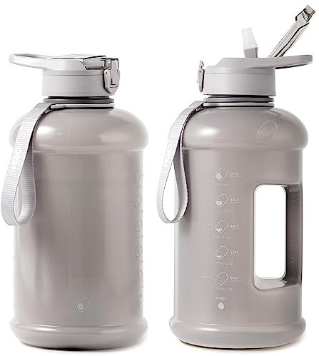 H2O Capsule INSPO Half Gallon Wasserflasche mit Zeitmarkierung und Strohhalm Motivational Hydration Tracker Krug Groß BPA-frei Lebensmittelecht Auslaufsicher Trinkflasche Griff & Riemen, Aschgrau