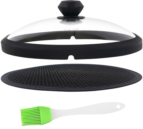 Glass Microwave Cover for Food 10.5 Inch Microwave Splatter Cover With Easy Grip Diamond Shape Handle Microwave Cover Glass Guard Lid Vented Edge Plate Cover for Heating Food (Black)