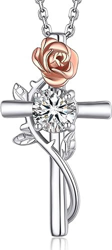 MomentWish Rose Kreuz Kette, Jahrestag Geschenk für sie, 1 Karat Moissanite Silberkette Damen 925 mit Anhänger Halskette für Frauen Mama