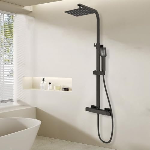 HAPAOSO Colonne De Douche Thermostatique De Salle De Bains Réglable Anti-brûlure Toucher Froid, Système de douche à température constante 38°C, Carré, Noir