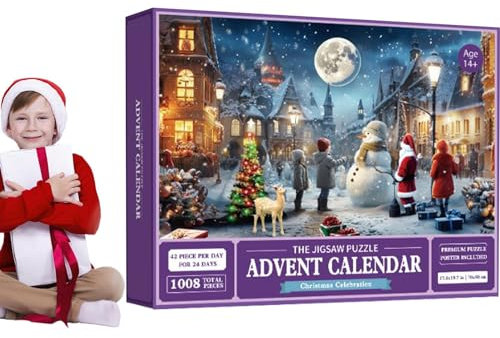 Adventskalender 2023 Weihnachts Puzzle, Familienurlaub-Puzzle 1008 Teile Puzzles, 24 Boxen Puzzles für Countdown bis Weihnachten, für Erwachsene und Kinder, Heimdekoration