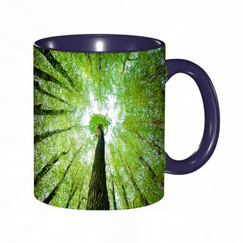 Coffee Mug Funny Mug,Looking up into The Canopy of a Green Forest of Oak and Lime Trees,Navy Blue Mug Cup Gift Birthday Work Office Christmas Tea Coffee