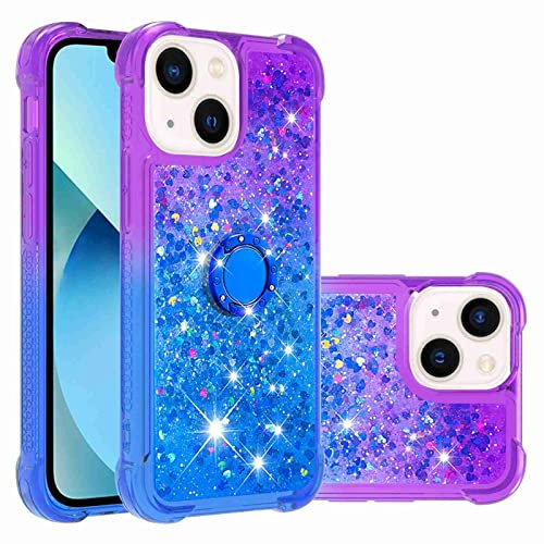 Reevermap iPhone 15 Phone Case with Ring Holder Kickstand, Clear Glitter Liquid Floating Silicone Case Sparkle 360 Degree Rotating Bumper Case Cover for Girls Women, Purple & Blue