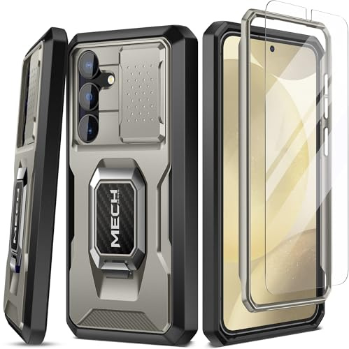 Tongate Kompatibel mit Samsung Galaxy S24 Hülle，mit Bildschirmschutz & Slide Kameraabdeckung, Dual Layer S24 Handyhülle mit Ring Ständer, Militärstandard stoßfest Heavy Duty Schutzhülle, TiGrau