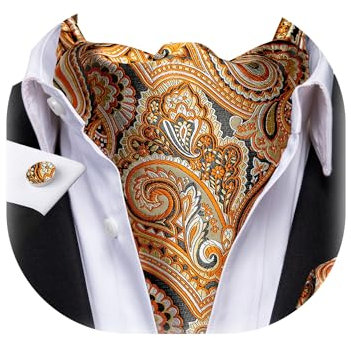 Dubulle Herren-Manschettenknöpfe mit Paisleymuster, Blumenmuster, zum Selbstbinden, Krawatte und Einstecktuch, Hochzeit, Orange/Abendrot im Zickzackmuster (Sunset Chevron), Medium