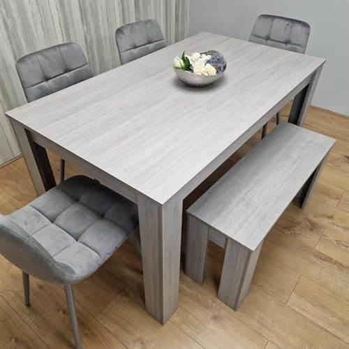 KOSY KOALA Dining Table and 4 Chairs With Bench Grey 4 Grey Velvet Chairs Wood Dining Set Furniture