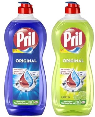PRIL Original-Set 1x Limette & 1x Original, Handgeschirrspülmittel-Set mit höchster Fettlösekraft, für sauberes Geschirr auch in kaltem Wasser, 2x 675ml