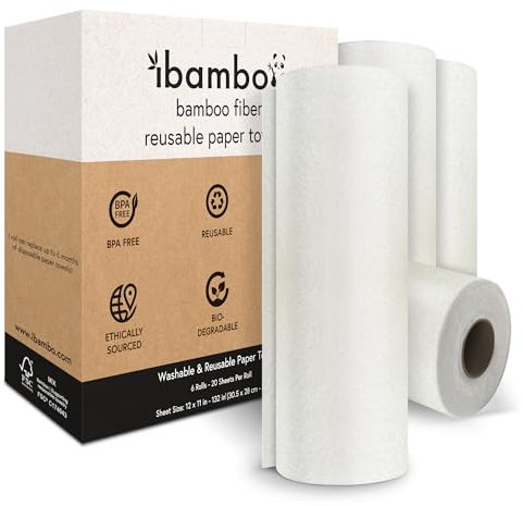 Ibambo Bamboo Paper Towels Reusable | Absorbent, Heavy Duty & Washable | Paper Towels on Roll | FSC Certified | 100% Rayon Derived From Bamboo | Unpaper Towel Alternative | 20 Sheets, 12x11 | 6 Rolls
