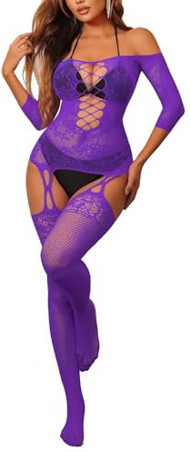 Buitifo Lingerie Donna Sexy Intima Fishnet Bodystocking Halter Babydoll Sleepwear Collant Pigiama(Viola 08jc,Taglia Unica)