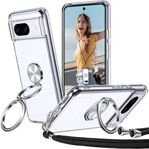 XYZ für Google Pixel 8A Hülle mit Band, Clear | Doppelring Ständer HandyHülle, Dünn Stoßfeste Case, Anti-Kratzt SchutzHülle
