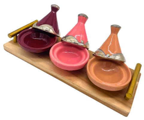 Lot de 3 Mini Tajines avec Plateau – Artisanat Marocain pour Condiments et Sauces (MODELE 05)