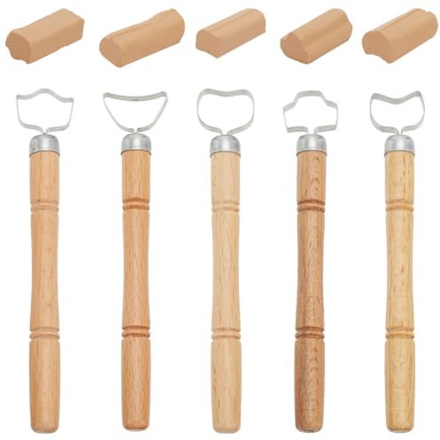 FINGERINSPIRE 5PCS Sculpture Scraper Clay Extruder Tool Pottery Cup Handle Shape Tool Pottery Carving Tool for Ceramic Mugs Coffee Cups Wood Handle Sculpture Scraper DIY Crafts Clay Craft Tools Sets